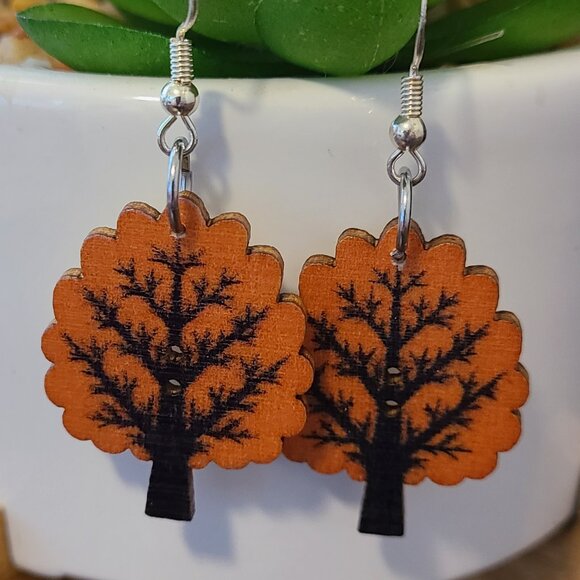 Handcrafted Orange‎ Tree Wooden Dangle Drop Earrings NEW Fashion Outdoors 1.5" - Picture 1 of 4